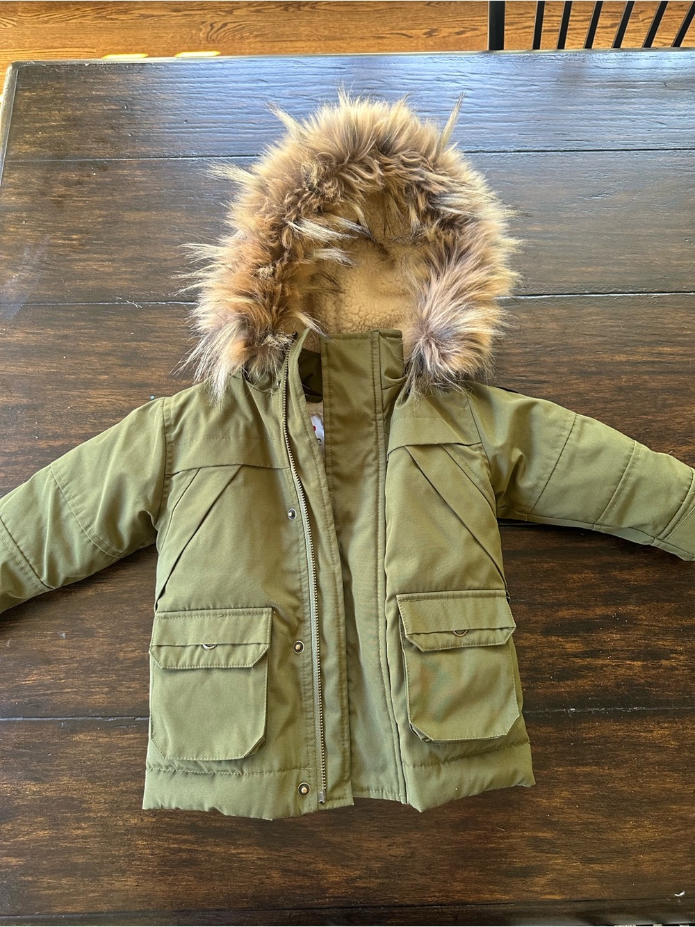 Appaman Olive Green Hooded Puffer Jacket with Faux Fur Trim